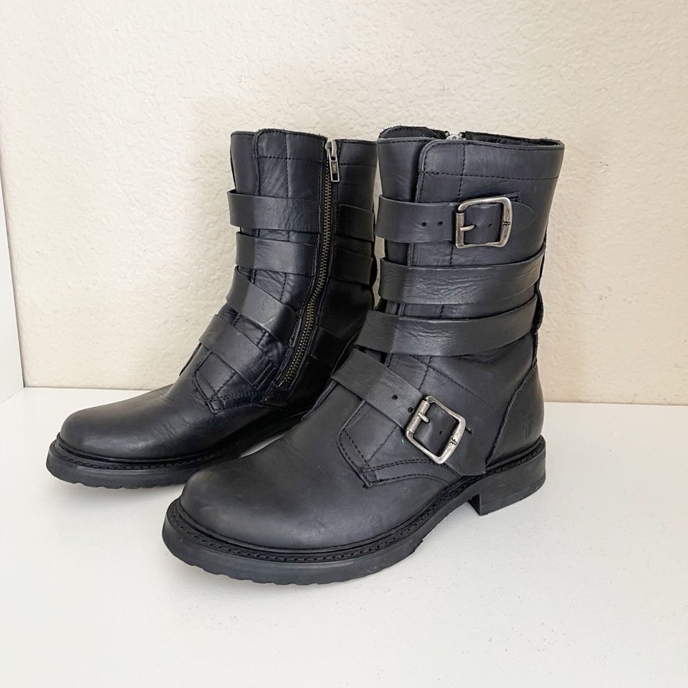 FRYE Veronica black leather combat Tanker Moto Boot 7 - Picture 5 of 17